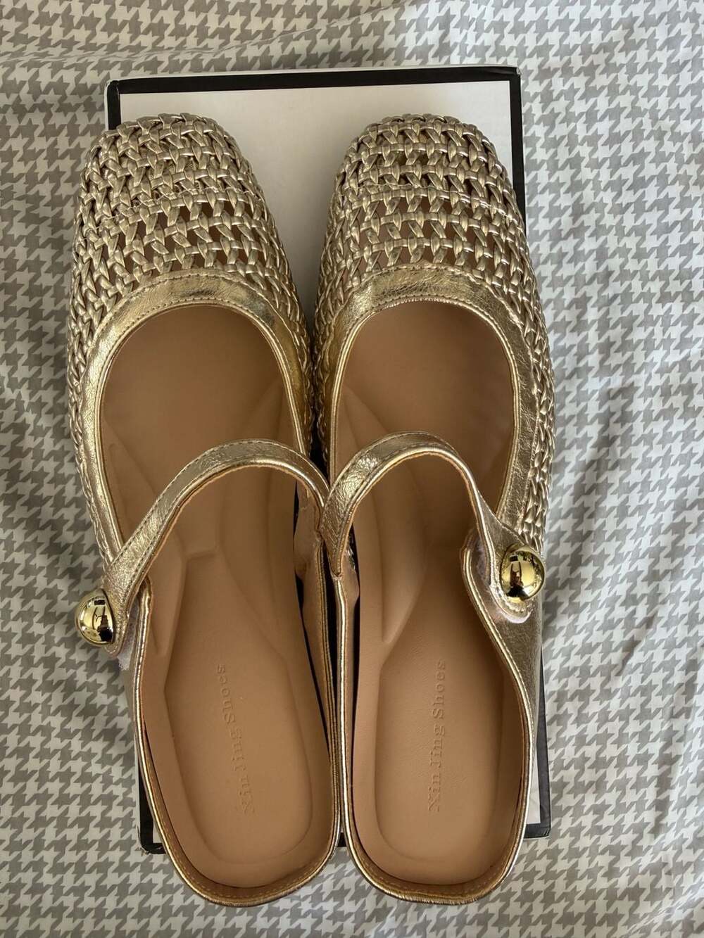 Xin Jing Shoes Gold Woven Mary Jane Flats